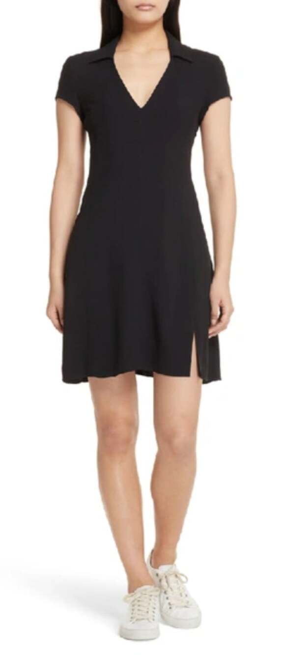 Theory Rosina Crepe Easy Day Shift Dress Womens 6 Black Short Sleeve Collared